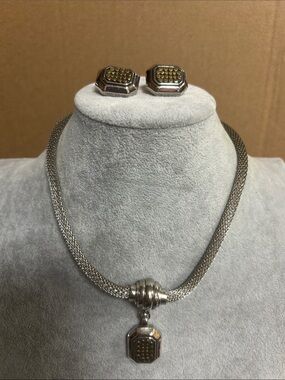 Silver Tone Necklace and clip earring Set with Gold Accent Pendant